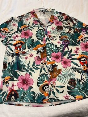 Tropical Day of the Dead Skull Print Button-Up Shirt - White/Pink/Green